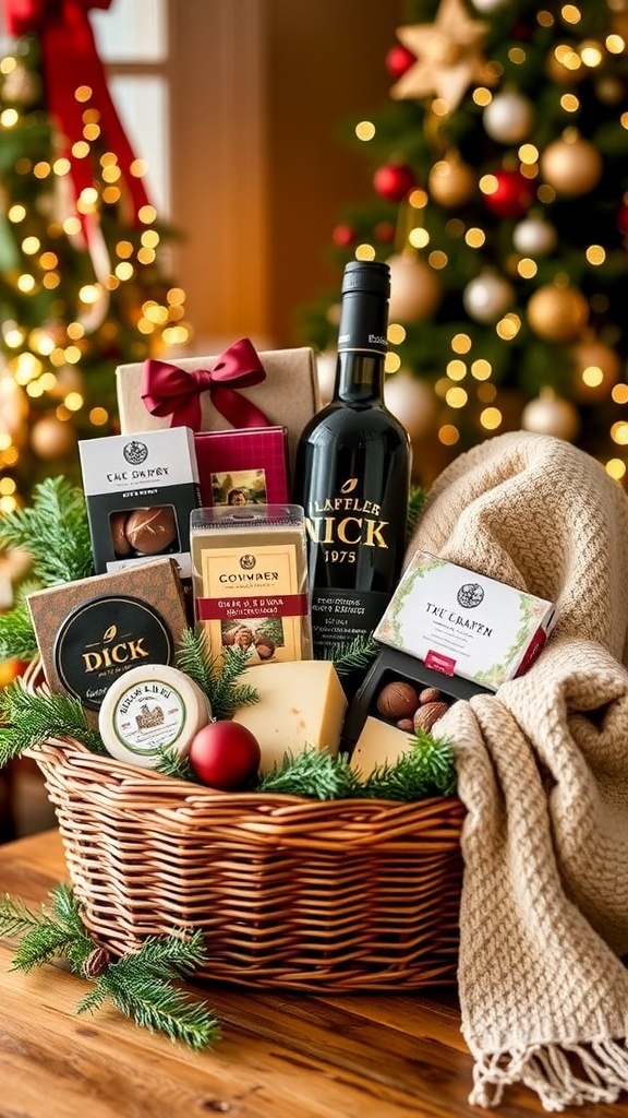 A festive Christmas gift basket filled with gourmet food and cozy items, set in a holiday-themed environment.